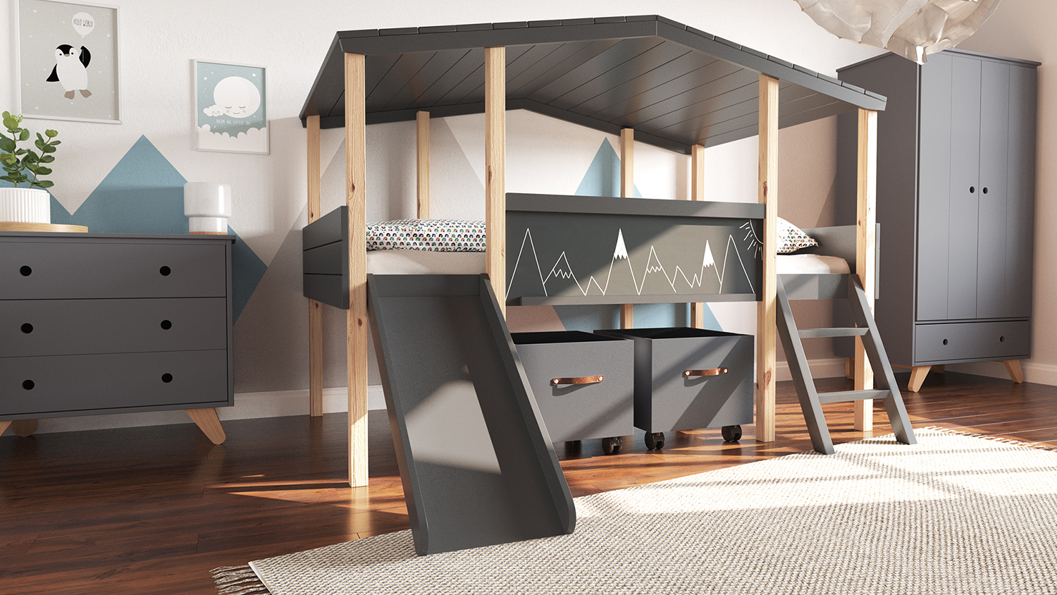 Kinderzimmer Set 7-teilig Cory mit Hausbett 90 x 200 cm, Anthrazit