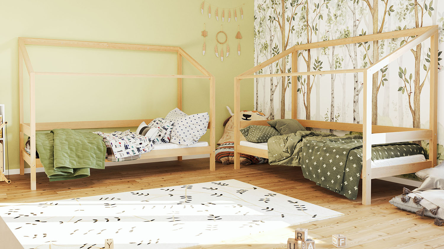 Hausbett für 2 Kinder Karla in Kiefer natur (90 x 200cm)