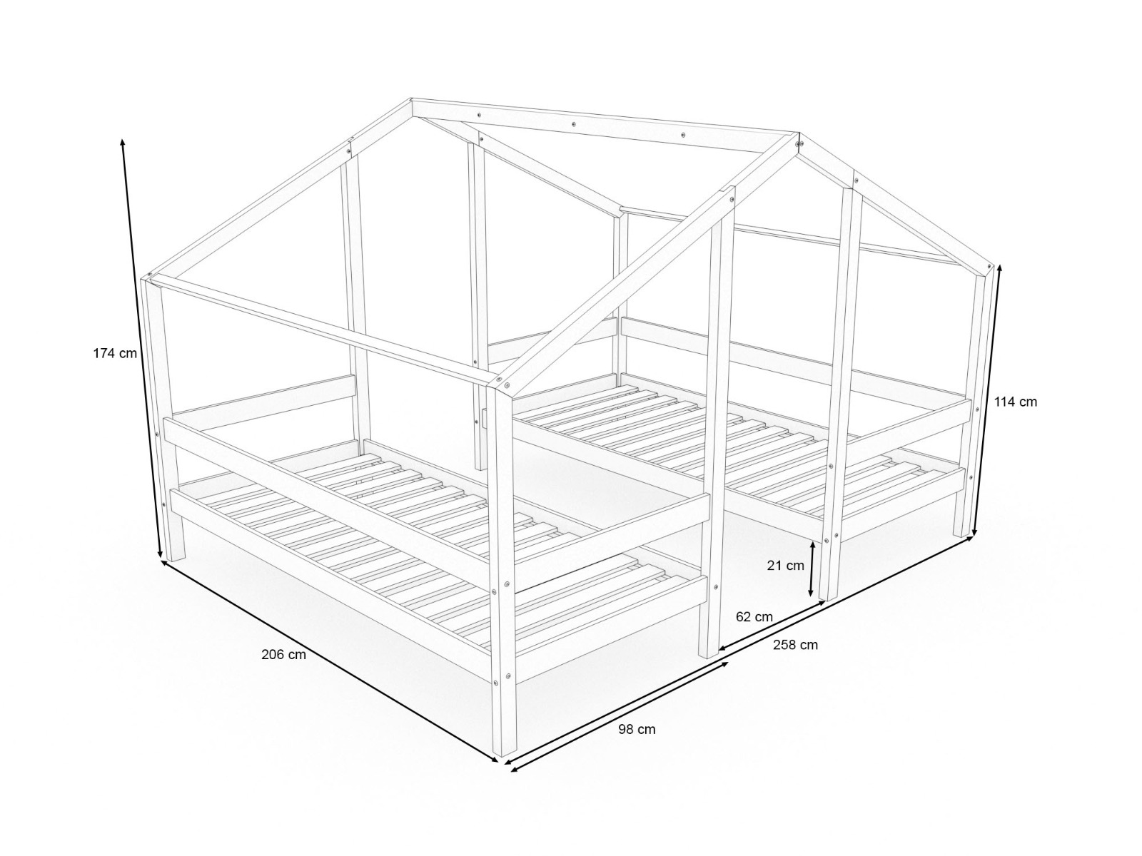 Hausbett für 2 Kinder Karla in Kiefer natur (90 x 200cm)