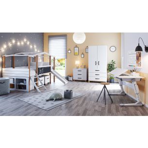 Kinderzimmer Cory mit Hausbett, Kommode, Schrank , Unterstellregal, Schreibtisch Luna und Spielzeugkisten