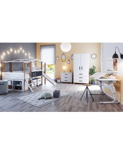 Kinderzimmer Cory mit Hausbett, Kommode, Schrank , Unterstellregal, Schreibtisch Luna und Spielzeugkisten